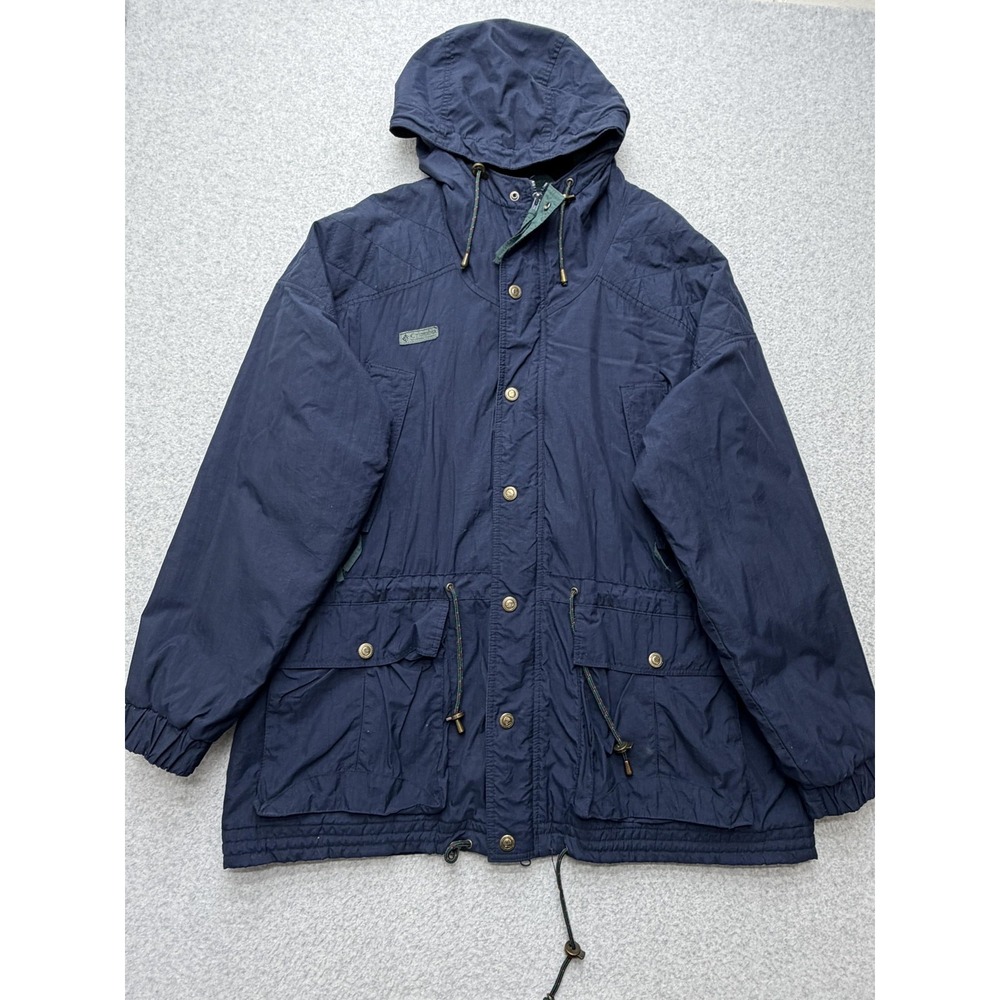 Vintage Columbia Jacket Mens Large Navy Hooded Parka Fleece Lined Drawcord 90s‎